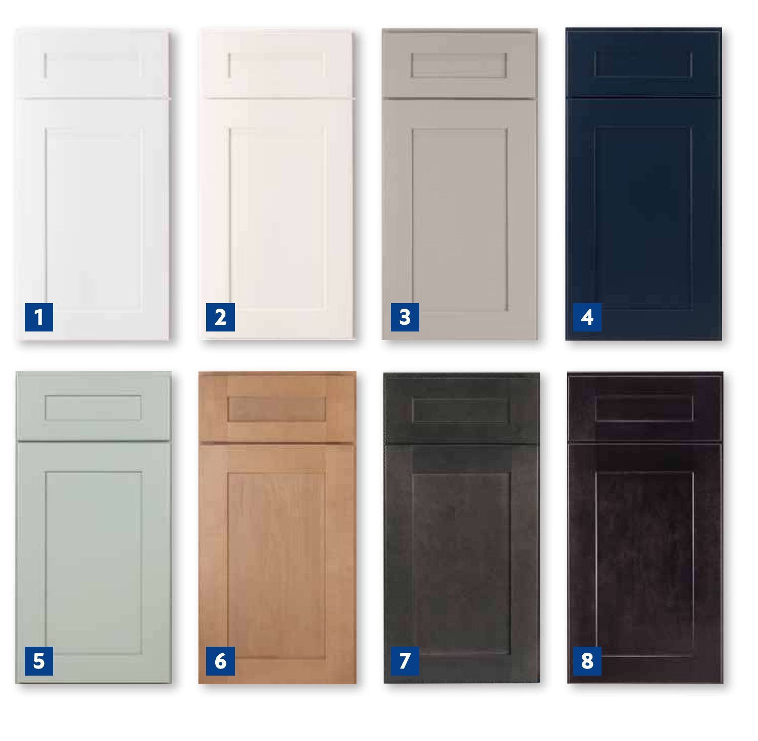 The eight Catalina finishes numbered 1 through 8: Polar White, Shell White, Pebble Grey, Nautical Blue, Sage Green, Sandstone, Slate, and Espresso door samples